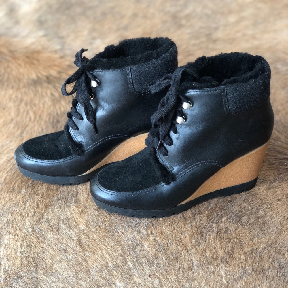 Cole Haan Wedge Heel Black Shearling Bootie 7.5